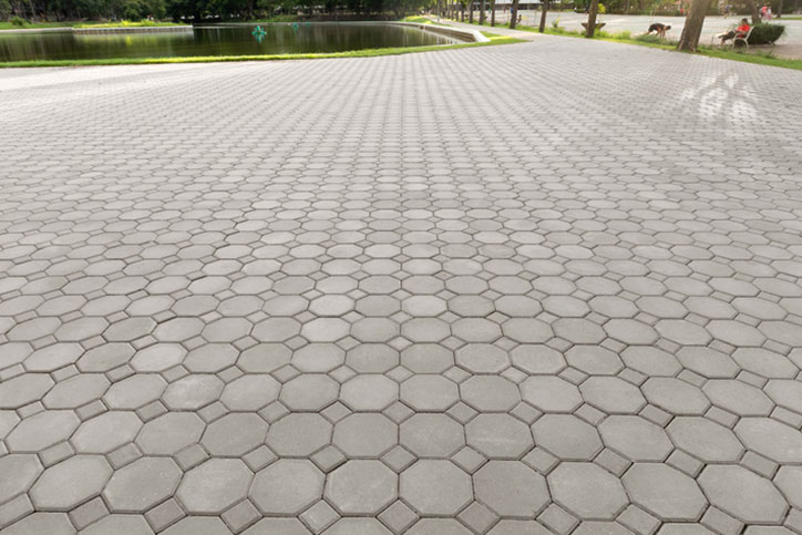 Truncated square tiling pattern of paver brick floor or block paving. Construction or lay on ground at outdoor for road, street, pavement, sidewalk, floor, path, footpath, walkway, patio or background