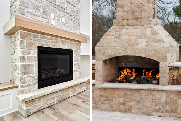 Split image showing two stone fireplaces: the left side features an indoor fireplace with a wooden mantel, highlighting interior design, while the right side shows an outdoor build with a fire burning inside.