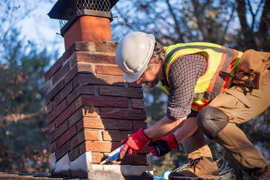 A construction worker from Brick Contractors in Grosse Pointe, MI, wearing a hard hat, safety vest, and gloves, repairs a brick chimney on a roof with a caulking gun. Trees and sky are visible in the background. A construction worker from Brick Contractors in Franklin, MI, wearing a hard hat, safety vest, and gloves, repairs a brick chimney on a roof with a caulking gun. Trees and sky are visible in the background.