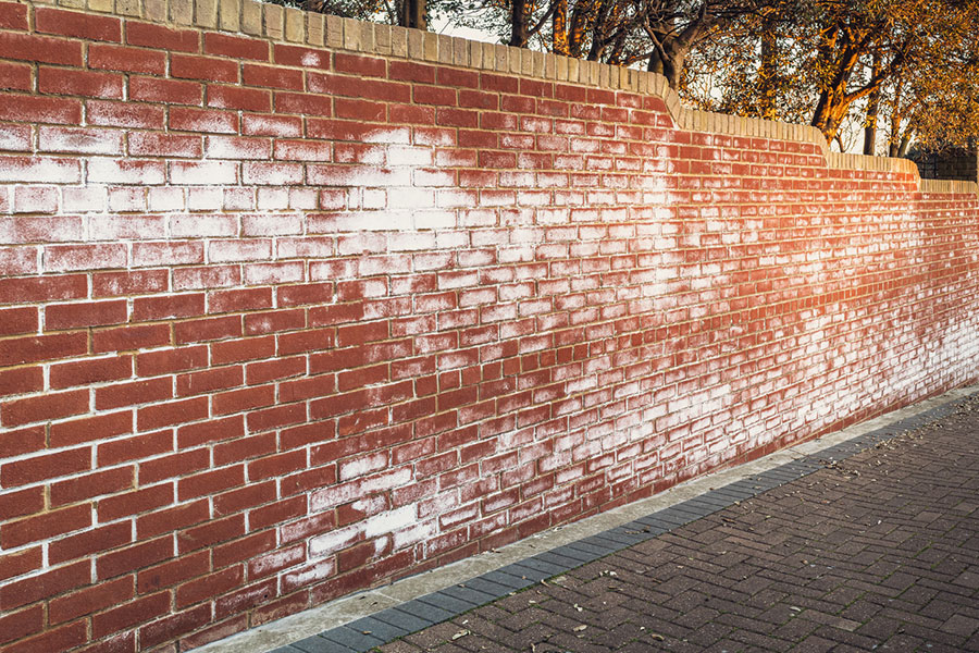 A red brick wall with white stains of brick efflorescence along its surface stands next to a paved walkway. Trees with autumn leaves are visible in the background above the wall.