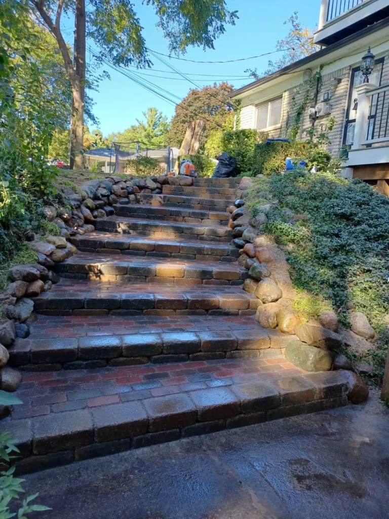Backyard steps rebuilt in pavers, completed by It's The Brick Guys in Metro Detroit