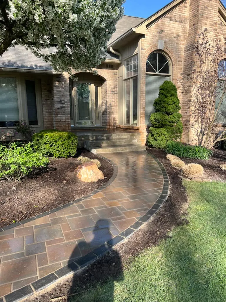 Curved red paver front walkway, completed by It's The Brick Guys in Birmingham, MI (view 2)