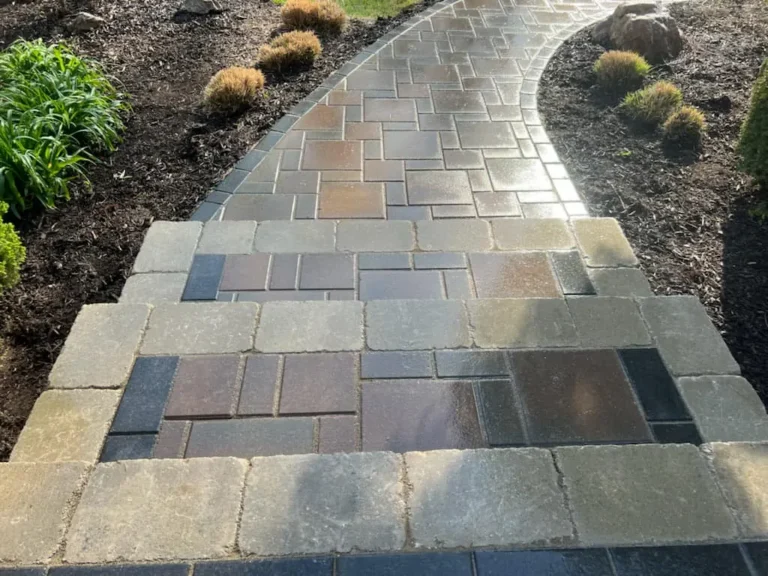 Curved red paver front walkway, completed by It's The Brick Guys in Birmingham, MI (view 4)