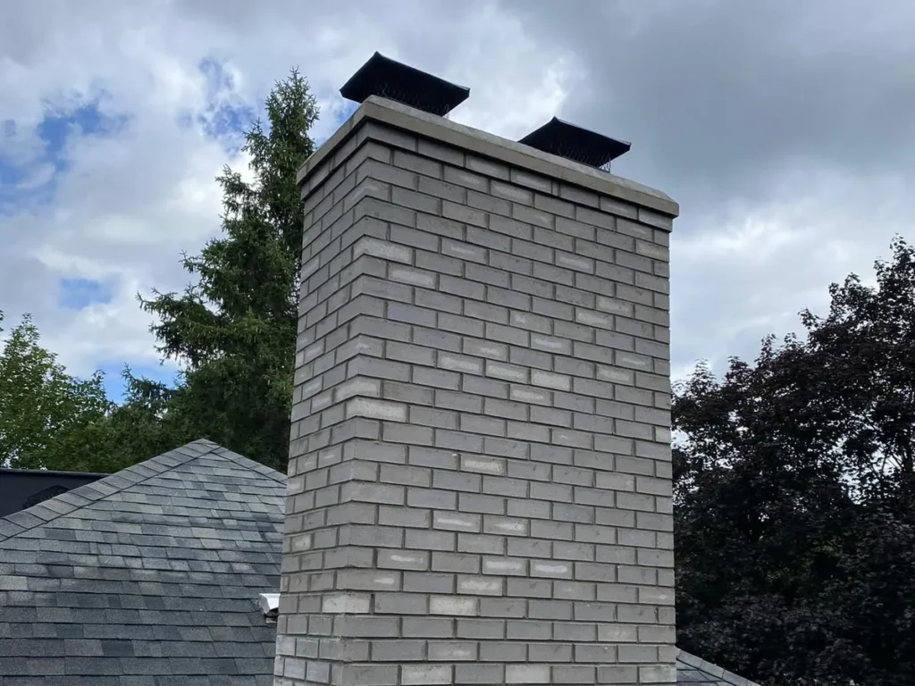Rebuilt gray brick chimney with new crown in Shelby Township, MI
