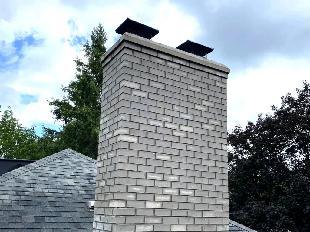 Rebuilt gray brick chimney with new crown in Shelby Township, MI
