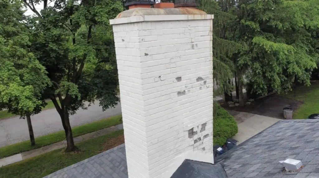 Before: painted chimney rebuilt in gray brick job before work started