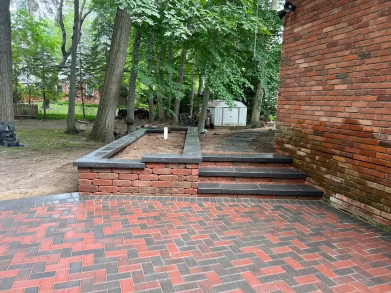 Red brick paver patio and steps, completed by It's The Brick Guys in Grosse Pointe, MI (view 2)