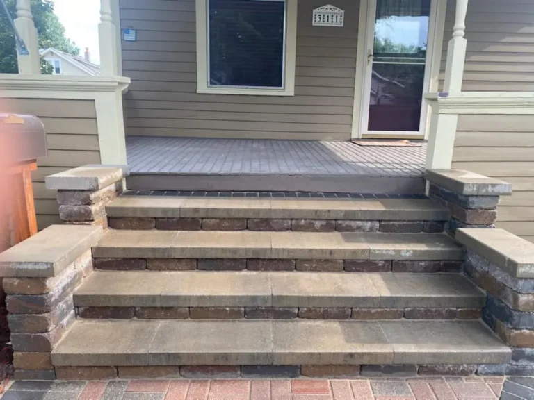 Red paver walkway and front steps, completed by It's The Brick Guys in Metro Detroit