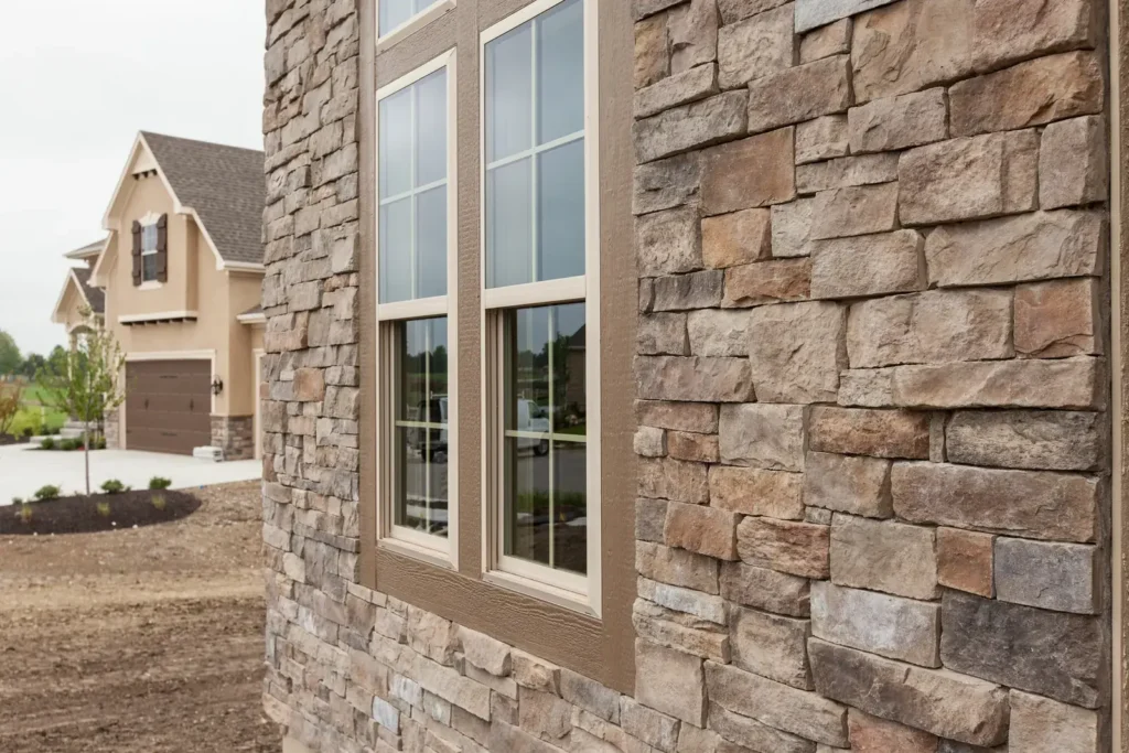 Cultured stone veneer on the front of a new home