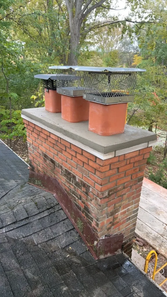 Tall exterior chimney rebuild, completed by It's The Brick Guys in Metro Detroit (view 3)